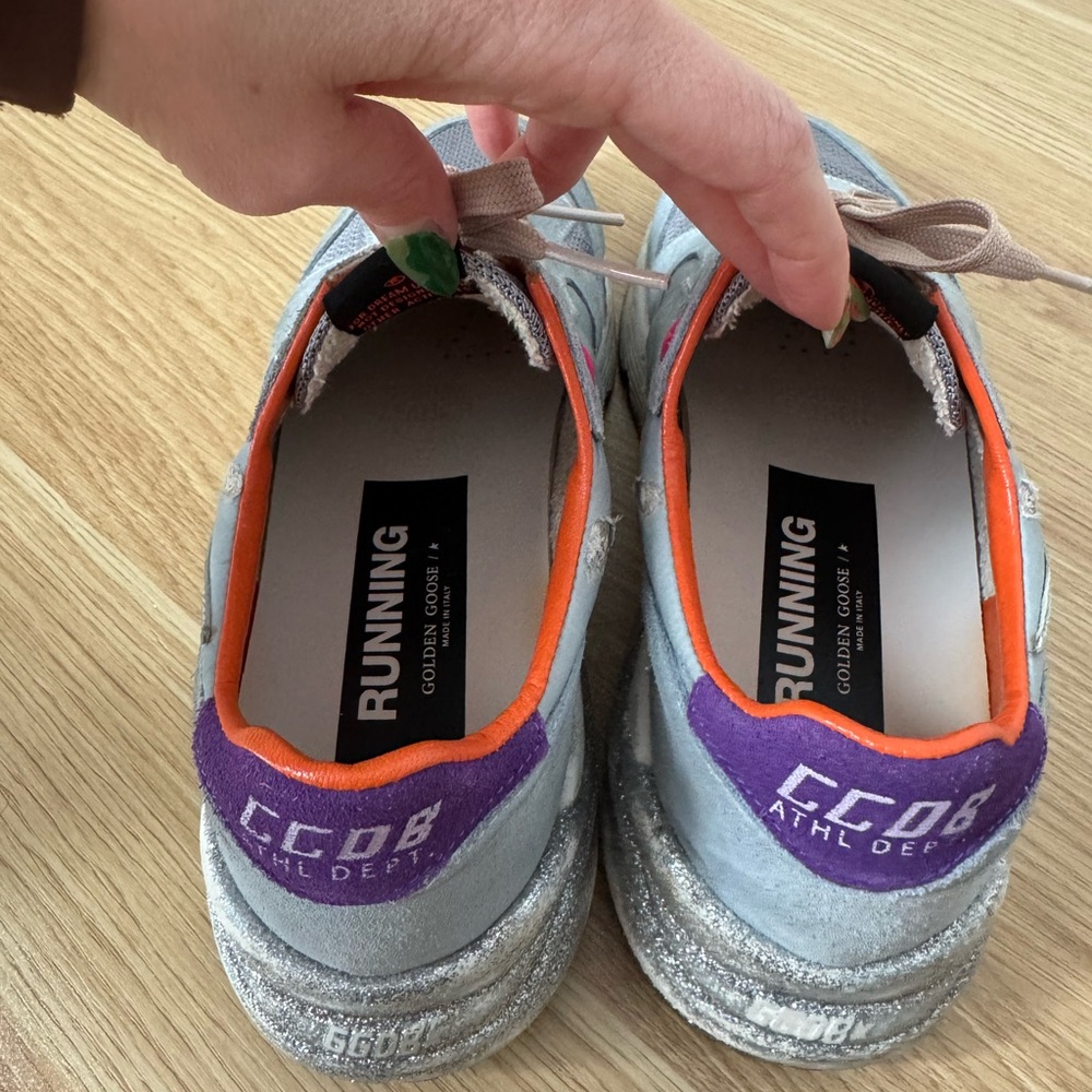 GOLDEN GOOSE Cloud Blue Suede and Orange Running Sole Women's Sneakers - Picture 5 of 11